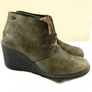 Sperry Harlow Burnish Gray Leather Wedge Almond Toe Chukka Booties Size 8